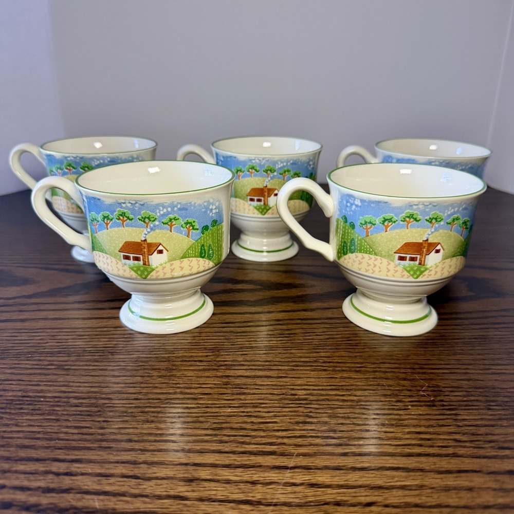 VTG Sangostone 3645 Cottagecore Coffee Tea Cups Footed 8 oz Mugs Farm Set of 5